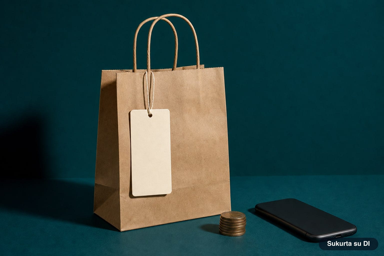 A paper shopping bag with a blank label, a stack of coins and a phone on a dark greenish background