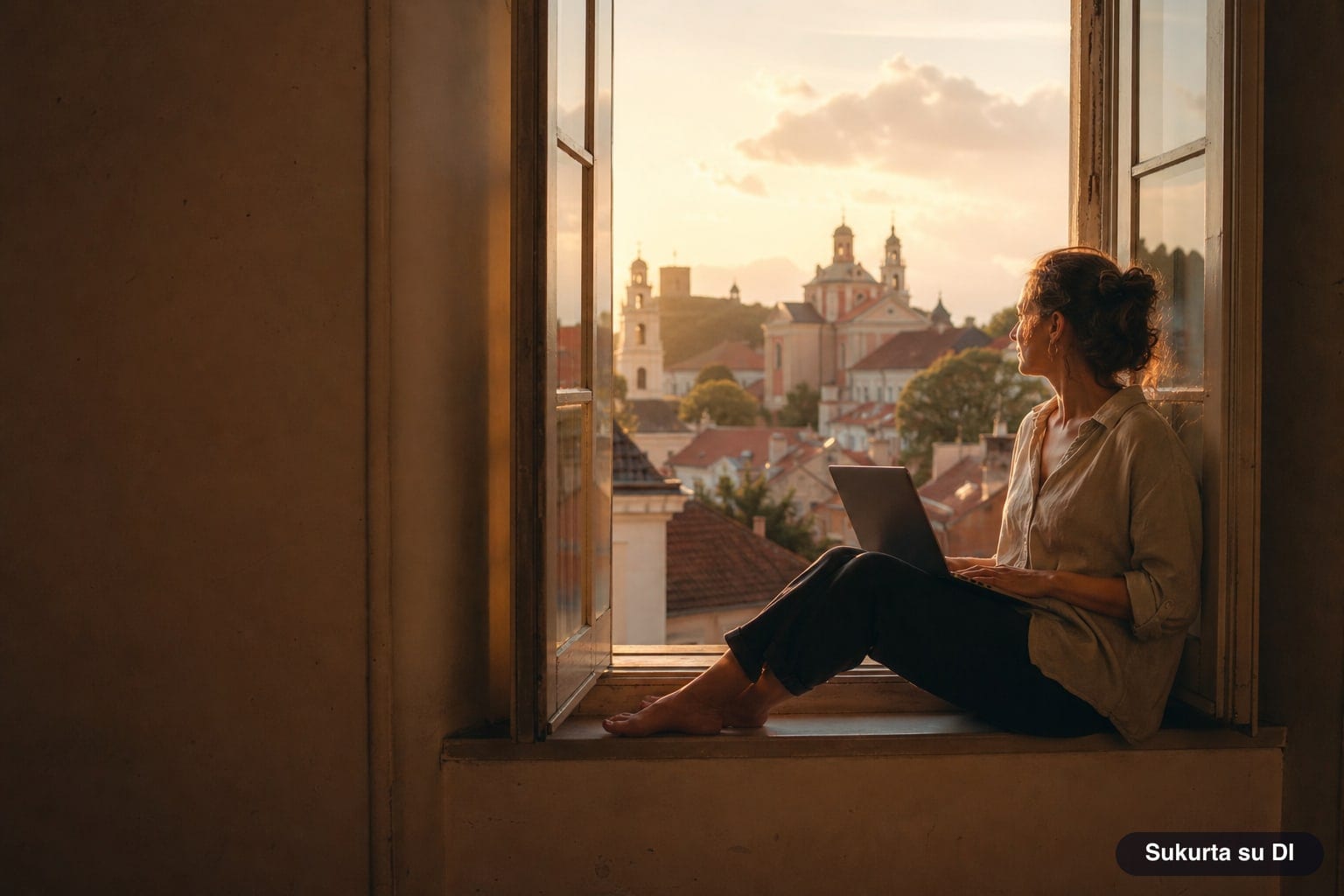 A woman with a laptop sits on the windowsill of an old-town flat, with the rooftops of Vilnius in sunset light visible through the window