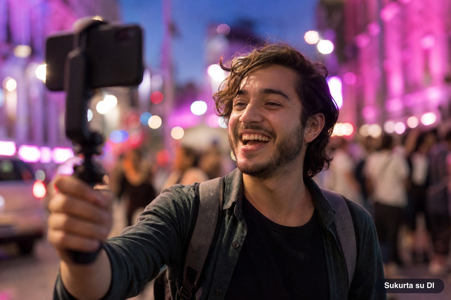 A young man films himself with a phone on a city street in the evening, with pink and purple lights in the background