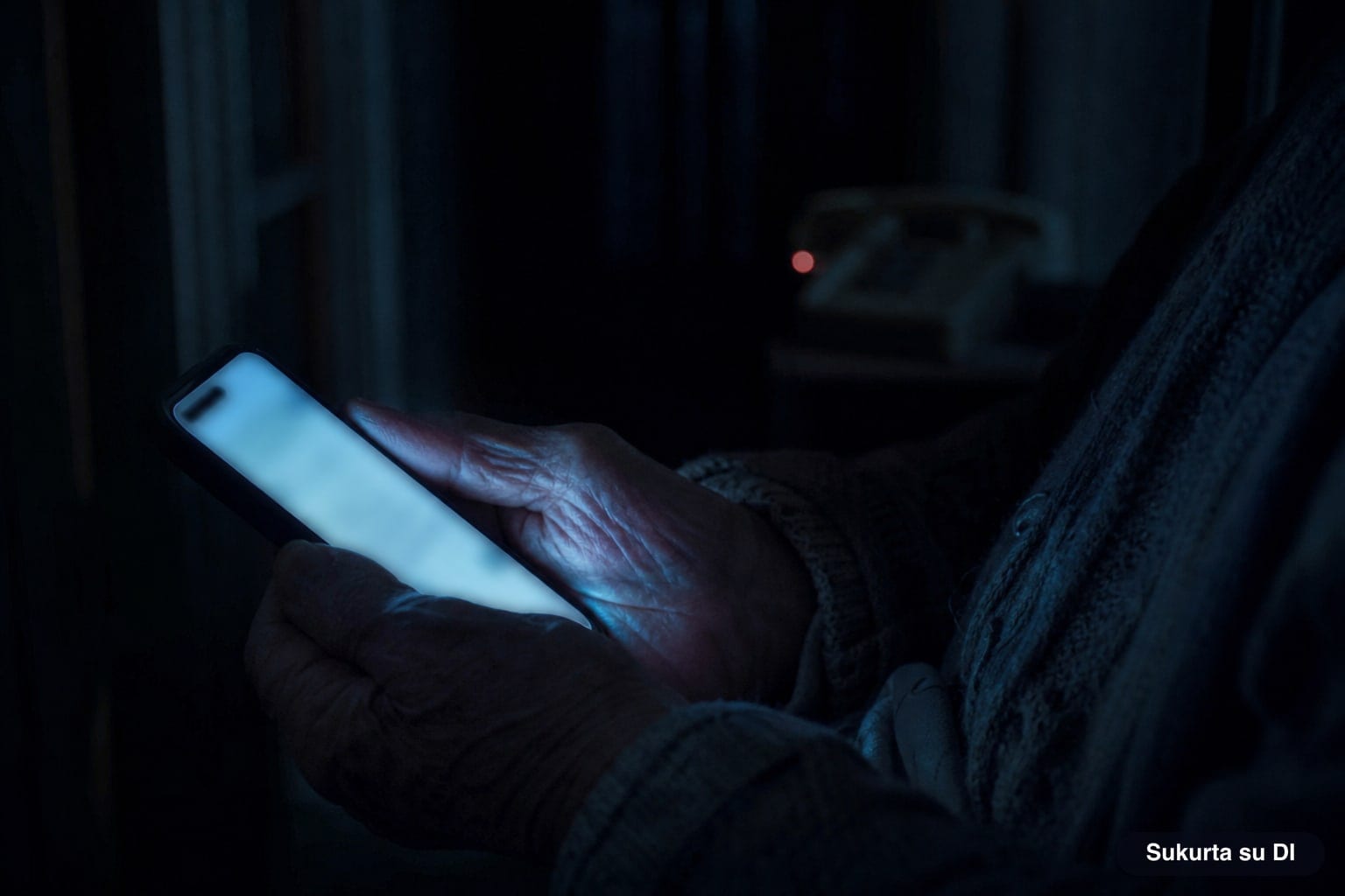 An elderly person's hands holding a glowing smartphone in the dark