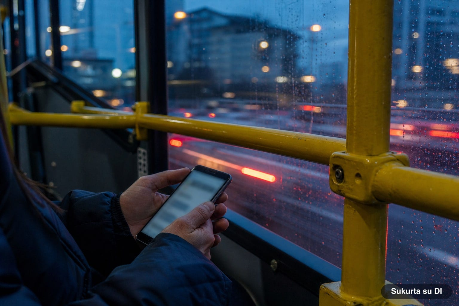 Руки пассажира со смартфоном в троллейбусе вечером, жёлтые поручни и огни города за окном в каплях дождя